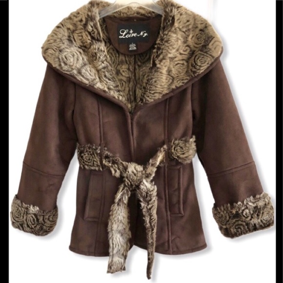 Vintage 90s LOIRE NY Faux Suede Fur Coat Size M Brown Luxury Wrap Belted Jacket - Picture 3 of 5